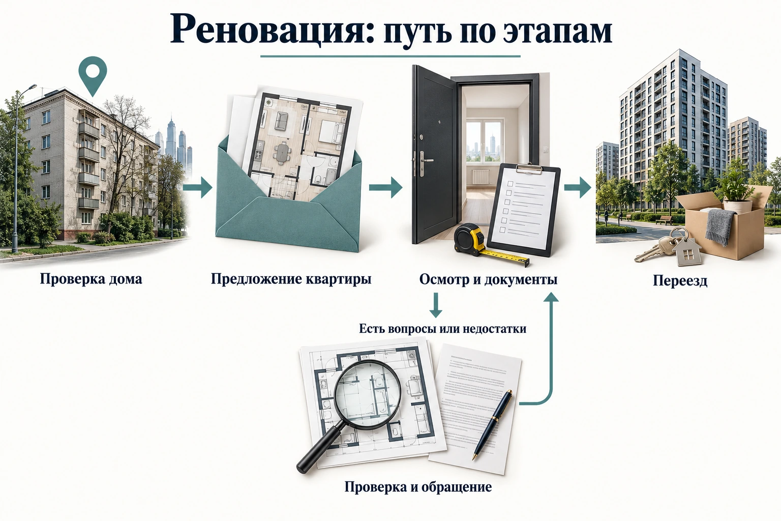 Этапы реновации: проверка дома, предложение квартиры, осмотр и документы, переезд. При вопросах или недостатках — дополнительная проверка и обращение.